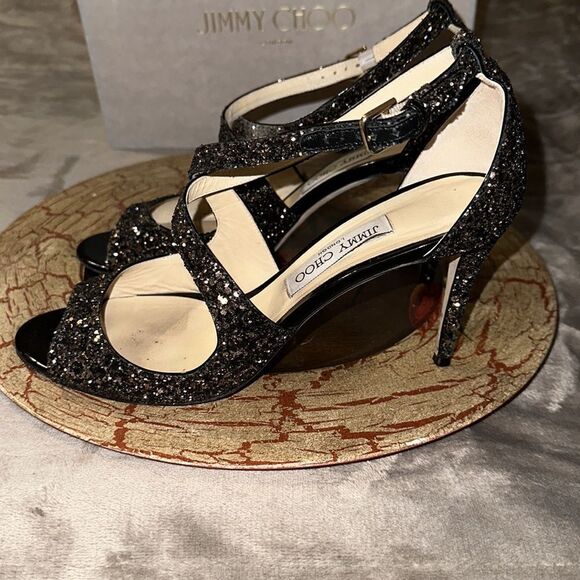 Jimmy Choo 11/41 Emily 85 Bronze Mix Midnight Coarse Glitter Heels Sandals - Picture 6 of 17